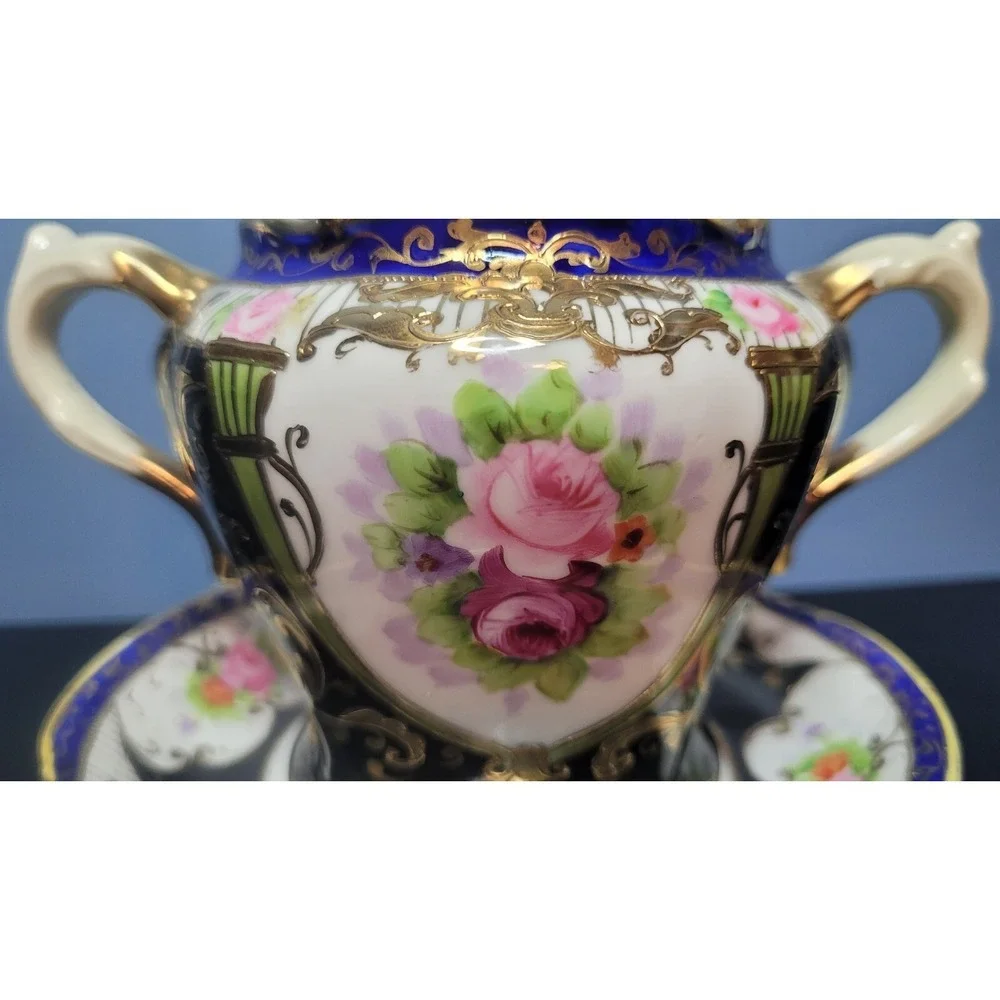 Antique Nippon Condiment Bowl Attached Underplate Hand Painted & Gilded No Spoon